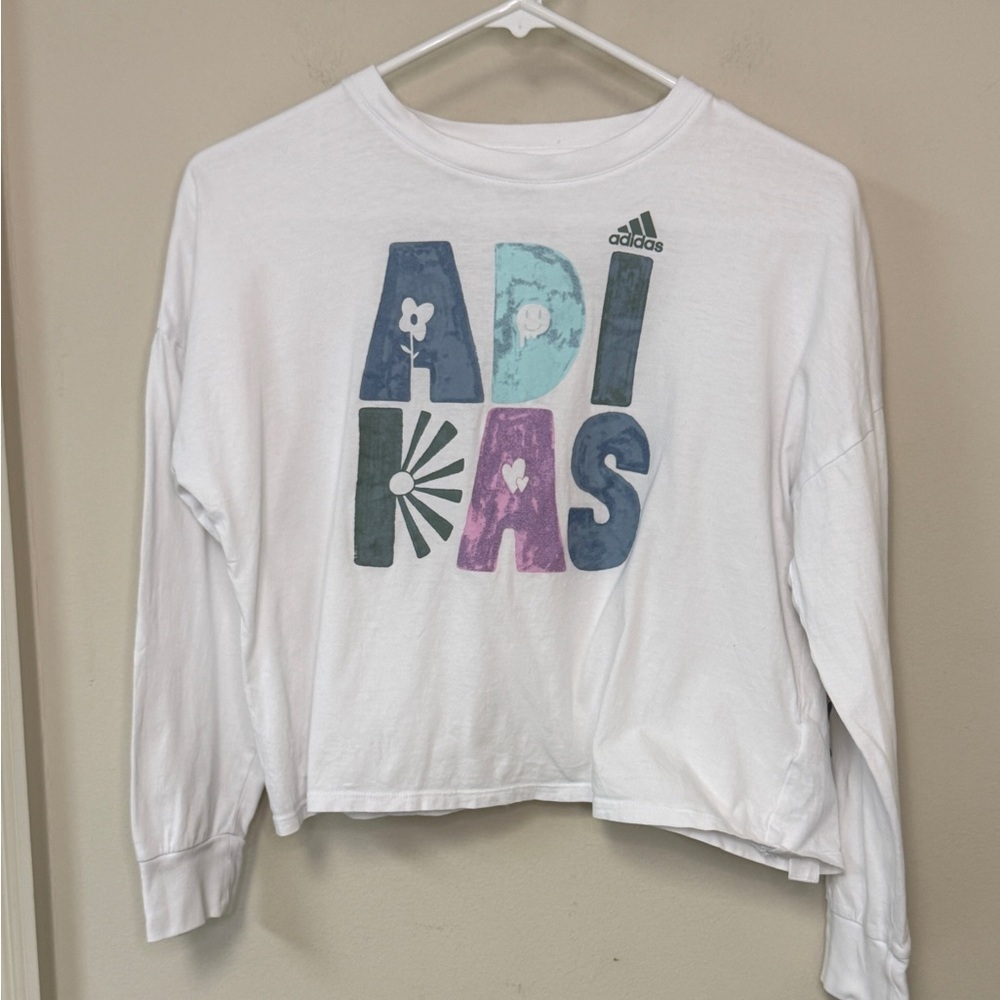 Adidas: Kids Graphic Long Sleeve Cropped Tee, White / Gray / Blue, Size L
